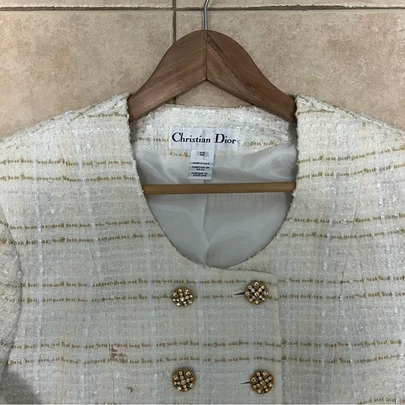 Christian Dior Women’s Blazer Size 12 White And Gold Tweed Jacket Vintage - Picture 2 of 14